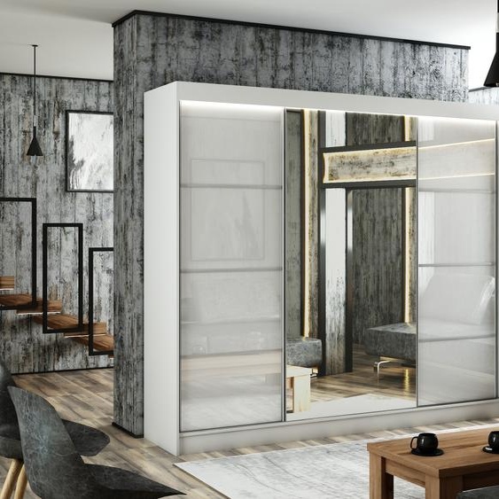 Armoire Venus III 250 cm avec 3 portes coulissantes et miroir Livraison à domicile Tringle à vêtements Penderie Armoire (couleur : blanc, lacobel blanc)