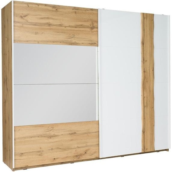 Armoire Wood 2 portes coulissantes avec miroir, coloris chêne et blanc