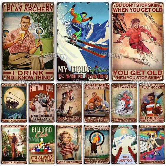 Artisian De Tir À Larc En Métal Signe Billard De Football Hockey Plaque Détain Ski Sport Plaque Décorative Décoration Murale Garage Bar Club