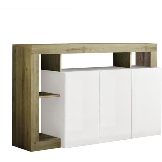 ARTURO - Buffet 3 Portes Blanc Laqué Encadrement Niches Aspect Bois Cadiz