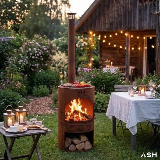 ASH® - Sunset - Cheminée de jardin avec BBQ - Acier Corten