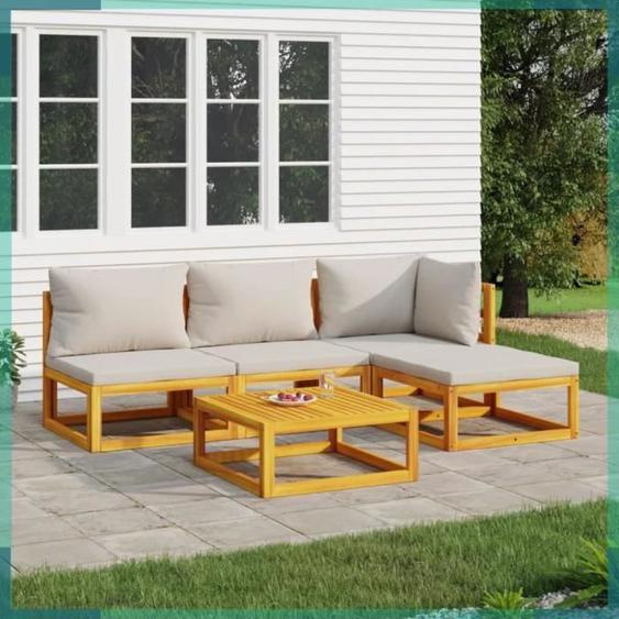 ASHATA Salon de jardin 5 pcs avec coussins gris clair bois massif -FHE3155278
