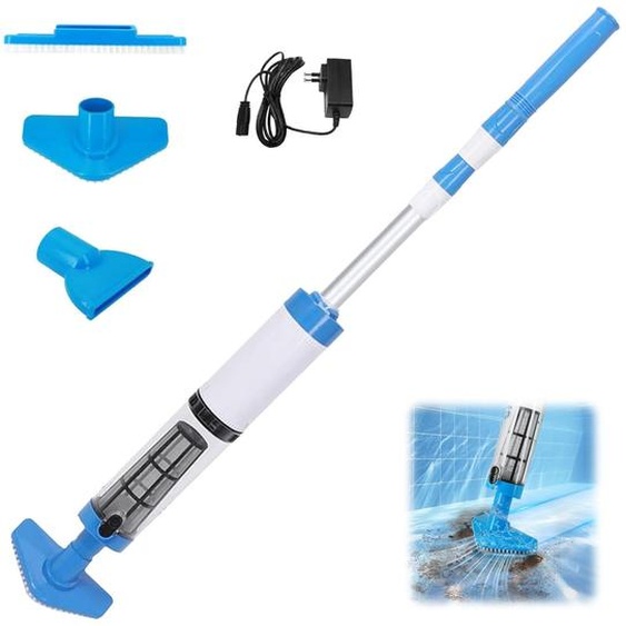 Aspirateur de piscine sans fil, alimenté par batterie - Longueur : 165 cm - Matériaux : ABS et aluminium - Couleur : bleu