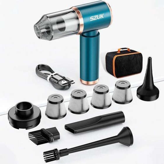 Aspirateur sans fil pour voiture - Appareil de nettoyage puissant - Aspirateur - Accessoires - Nettoyeur sans fil - Puissance daspiration élevée - Turquoise - Avec 9 pièces -