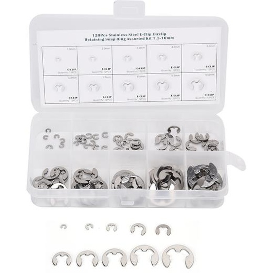assortiment de 120 rondelles E-Clip en acier inoxydable pour circlips externes, circlips, 1,5 mm à 10 mm