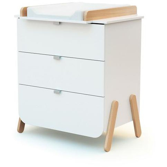 AT4 - Commode à langer 3 tiroirs en bois PIRATE Blanc et Hêtre - Plan à langer amovible inclus - 79 x 66 x 84,5 cm
