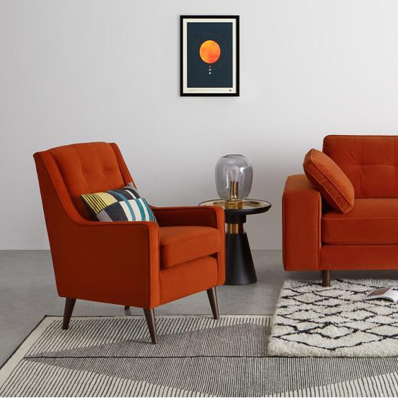 Atkinson, canapé 2 places, velours recyclé orange paprika et pieds en bois sombre