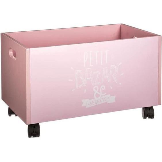 atmosphera coffre de rangement en bois et à roulettes pour enfants - coloris rose et blanc