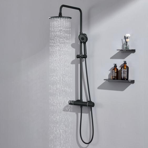 Auralum - Colonne de Douche Noir avec Mitigeur Thermostatique de 38°C, Mitigeur Douche avec 9 Tête de Douche et Pommeau à Main 3 Jets, Système de
