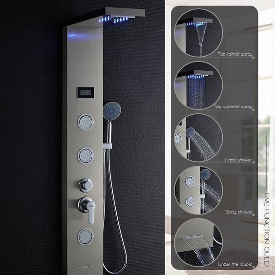 Auralum - Panneau de Douche led lcd Indicateur de température Colonne de Douche Hydromassante Panneau de Douche en Acier Inox Brossé avec 3 Jets de