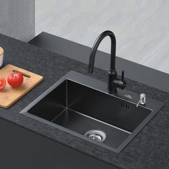 Auralum Évier 1 Bac 55x45x19CM Évier à Encastrer en Acier Inoxydable Évier Cuisine Gris foncé avec Distributeur de savon et Ensemble de drainage