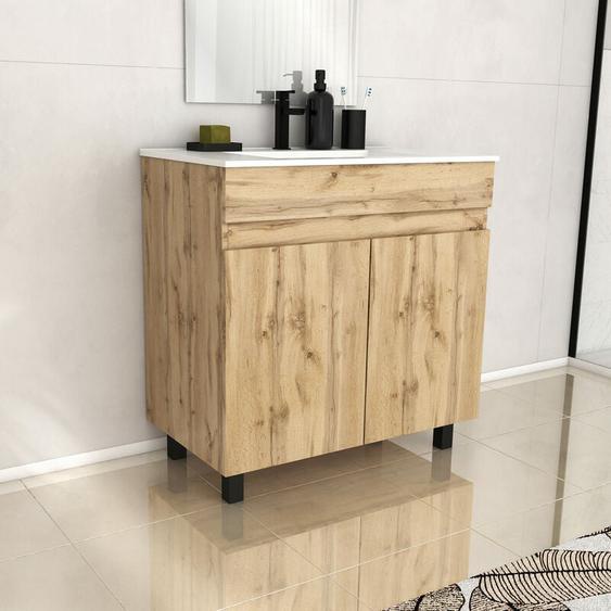 Meuble de salle de bains 80cm 2 porteschêne naturel + vasque céramique blanche - timber 80