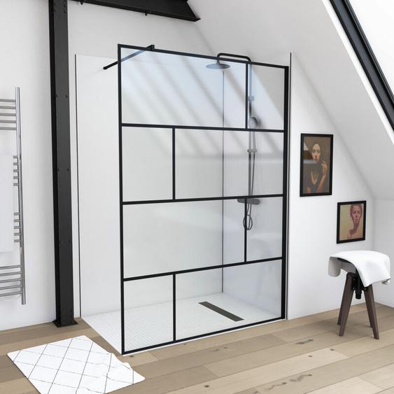 Aurlane - paroi de douche a litalienne serigraphie type brique - 140x195cm - profile noir mat - verre 5mm