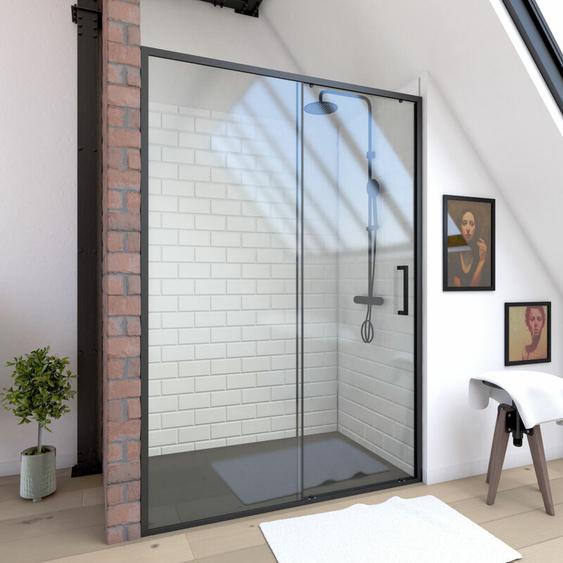 Paroi de douche Aurlane Crush 1 porte coulissante - 140x200 cm - Verre transparent - Profilé Noir