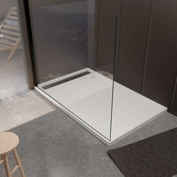 Aurlane - receveur de douche en résine blanc 90x140x3 cm effet pierre granit + grille linéaire chrome