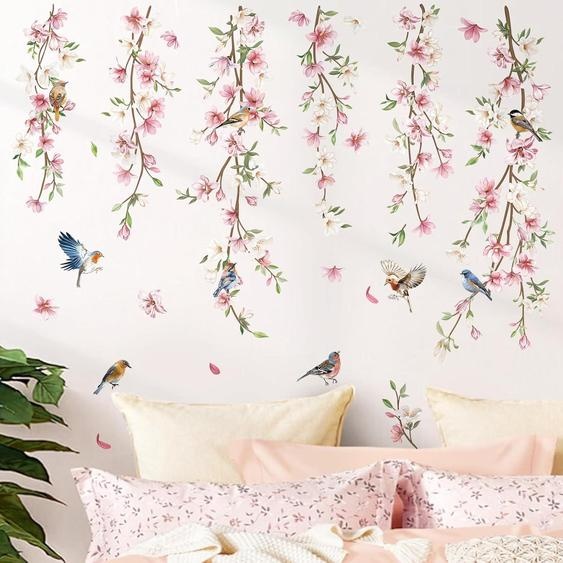 Autocollants muraux suspendus Fleurs de vigne - Fleurs roses - pour chambre et salon - 1 kit