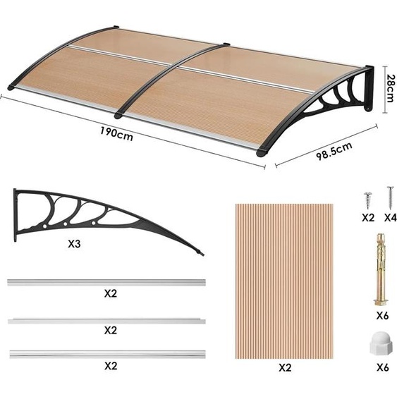 Auvent de porte, résistant aux intempéries, installation facile, 190x985 noir marron, 190x985 noir marron