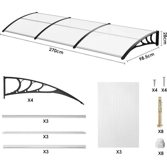 Auvent de porte, résistant aux intempéries, installation facile, 270x98,5 noir, 270x98,5 noir