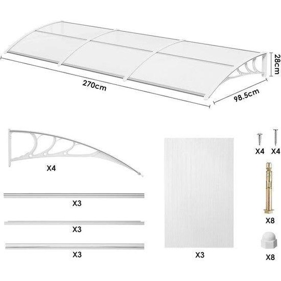 Auvent pour porte dentrée – Transparent – Résistant aux intempéries – 270 cm – Blanc