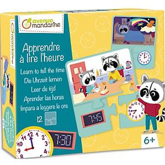 AVENUE MANDARINE Boîte puzzle thème apprendre à lire lheure 12 puzzles de 3 pièces, bords arrondis