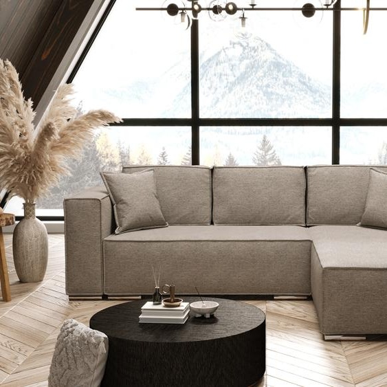 AX LIVING Beige Canapé dangle avec fonction sommeil Vinoria Forme en L 255 cm Droite