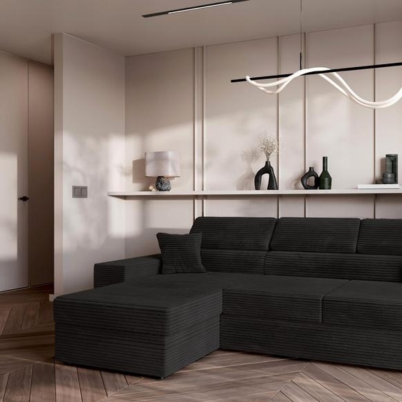 AX LIVING Belek Canapé dangle velours côtelé noir avec fonction sommeil 272 cm