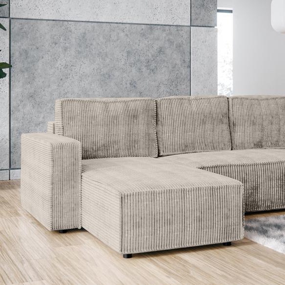 AX LIVING Canapé dangle en L Aydin Cord Canapé-lit Beige Fonction sommeil