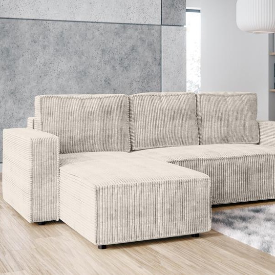 AX LIVING Canapé dangle en L Aydin Cord Canapé-lit Crème Fonction sommeil