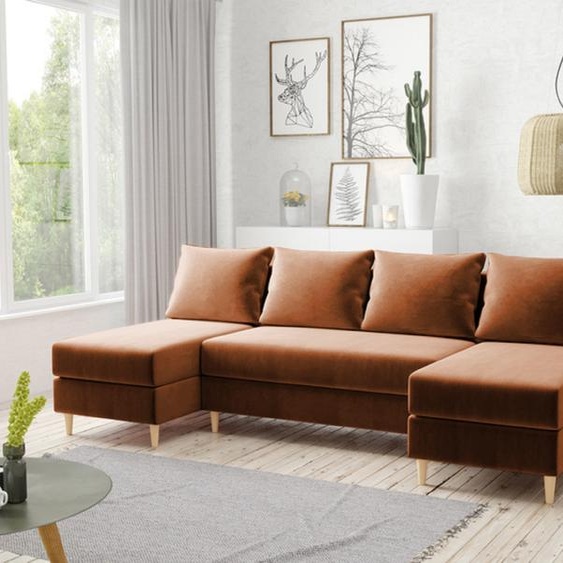 AX LIVING Canapé en velours avec fonction sommeil Hoyton 270 cm en ambre - Elégance et confort