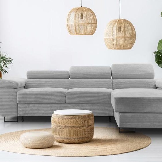 AX LIVING Canapé en velours côtelé gris clair forme L - Arborio R Salon 280cm