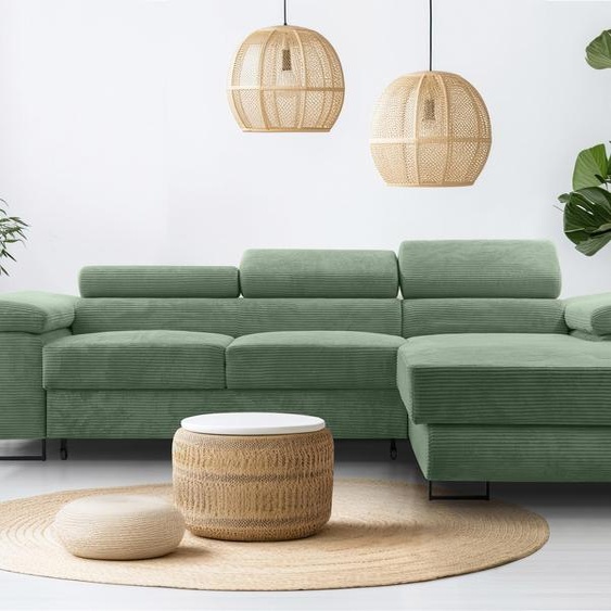 AX LIVING Canapé en velours côtelé vert sauge forme L - Arborio R Salon 280cm