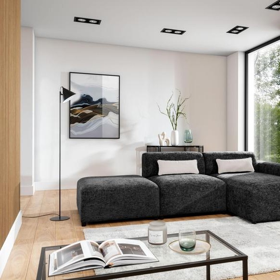 AX LIVING Canapé noir en L Canapé dangle Jughlio avec pouf 304 cm R