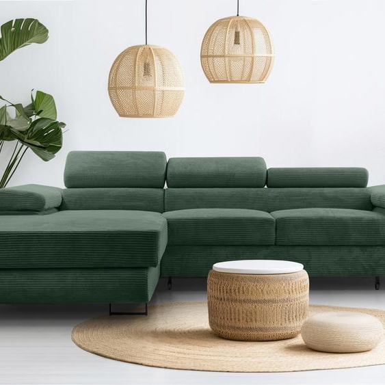 AX LIVING Cord Couch L Form - Arborio L 280 cm Canapé dangle en vert foncé