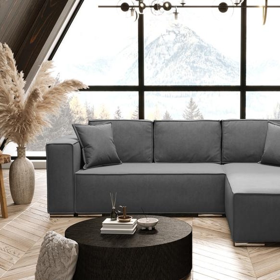 AX LIVING Gris Canapé dangle avec fonction sommeil Vinoria Forme en L 255 cm Droite