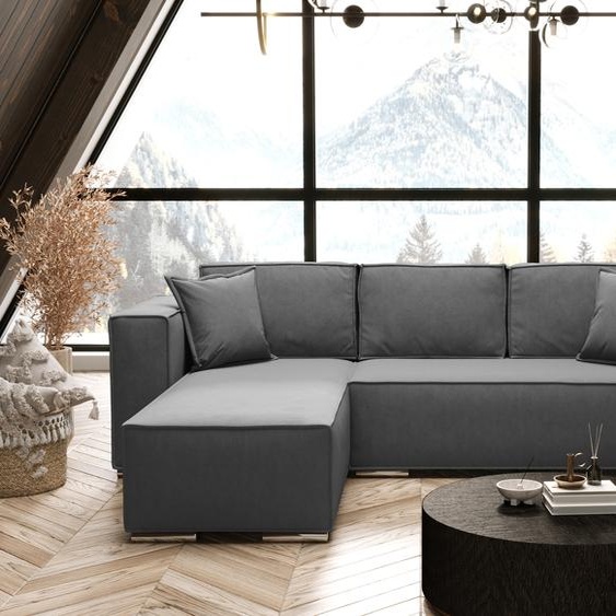 AX LIVING Gris Canapé dangle avec fonction sommeil Vinoria Forme en L 255 cm Gauche