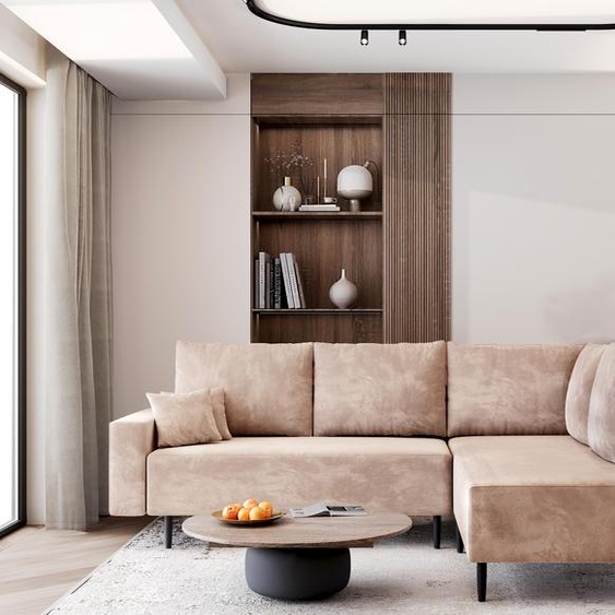 AX LIVING Kalkan Canapé avec coffre de lit Canapé L forme beige cacao 257 cm R