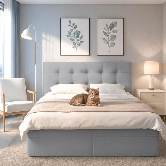 AX LIVING Lit boxspring gris avec sommier Belinai Lit 180x200 cm