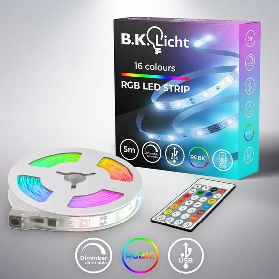 B.K.Licht I 5m RGBIC LED USB Strip I Capteur de musique I Music Sync I Bande lumineuse I LED Lauflicht I Bande avec changement de couleur à distance I Bande lumineuse autocollante
