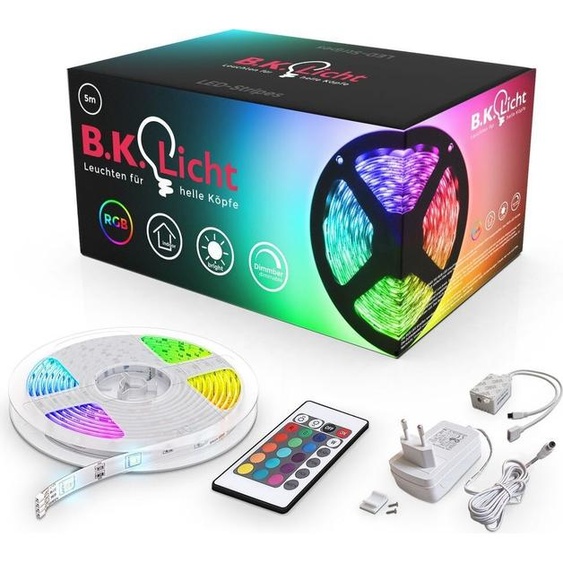 B.K.Licht ruban LED multicolore 5m, guirlande lumineuse dimmable avec télécommande, auto-adhésif, lumière décorative blanche et multicolore, éclairage intérieur, 24W, longueur 5m