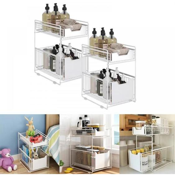 B.LIVEM - 2pcs Meuble sous-evier,Étagère de rangement pour cuisine et salle de bain à 2 niveaux de type tiroir, Blanc