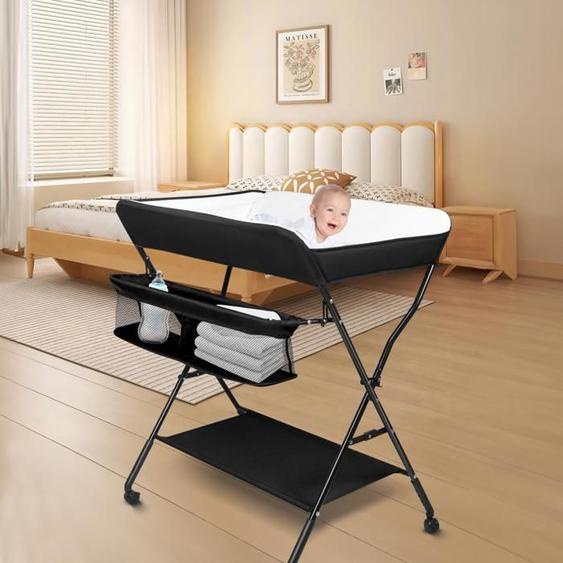 B.LIVEM. Table à langer multifonctionnelle pliable avec 4 roulettes et sac de rangement Réglable en 3 hauteurs NOIR