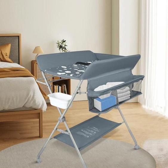 B.LIVEM Table à langer Pliable pour bébé avec Roulettes, Gris foncé, réglable en hauteur, avec sac de rangement, 62*76*101cm