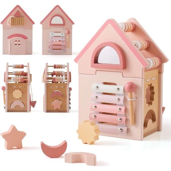 Baby Carrier Jouets Montessorri en bois pour bébé, cube dactivité multifonctionnel, blocs géométriques en silicone, cinq en un