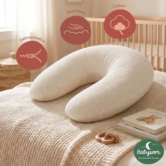 Babysom - Coussin De Maternité 3 En 1 : Grossesse, Allaitement &amp$ Repos Bébé - Housse 100% Coton - Motif Beige Nid Abeille - Xxl Beige