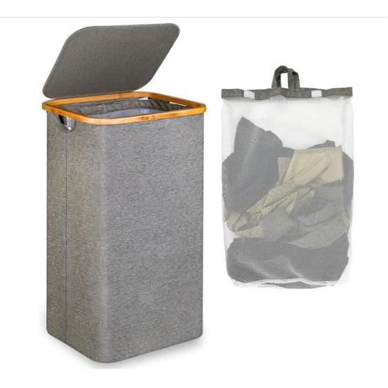 Bac a Linge Grand Panier à Linge avec Couvercle, 100L Grand panier linge sale avec Poignées en Bambou pour Vêtements,Gris