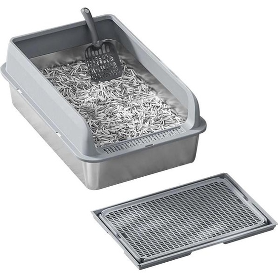 Bac à litière - Acier inoxydable - Avec couvercle - Parois hautes - Pour grands chats - Tapis double épaisseur inclus - Pelle incluse - Gris