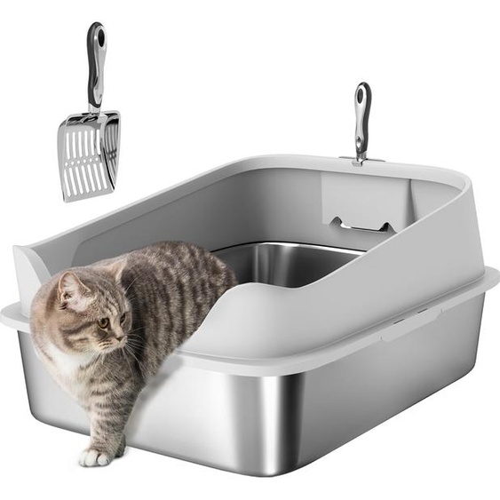 Bac à litière - Acier inoxydable - XXL, Bord élevé, Avec pelle, Facile à nettoyer, Anti-fuite, 70×50×30 cm - Gris