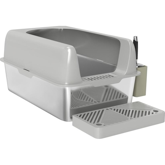 Bac à litière avec couvercle, bac à litière avec pelle, bac en acier inoxydable Maison de toilette pour chat avec boîte de rangement pour chat de moins de 4,5 kg, intérieur, gris clair Aosom