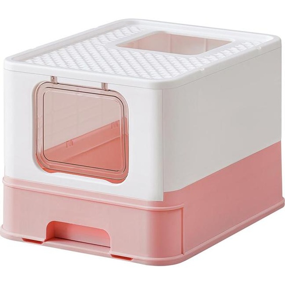 Bac à litière avec couvercle et pelle, spacieux, blanc-rose pastel