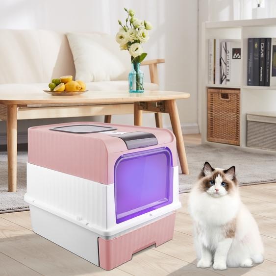 Bac à litière avec lumière UV Grande litière avec bac extensible 35×49×37cm Rose